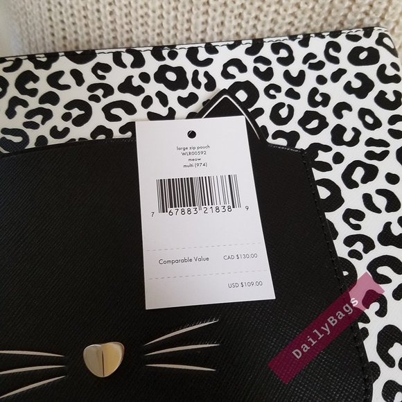NWT KATE SPADE LARGE ZIP POUCH MEOW MULTI BLACK WHITE LEOPARD DOTS WLR00592
